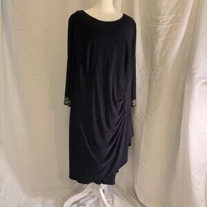 20W Alex Evenings dark blue dress, draped skirt, rhinestone accent on sleeves